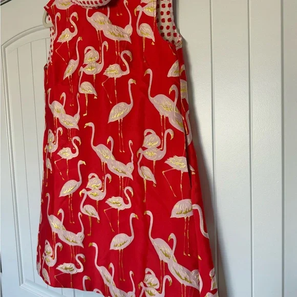 Flamingo Print Red Mini Dress Back Buttons Gold Accents Buru NWT - Picture 3 of 9